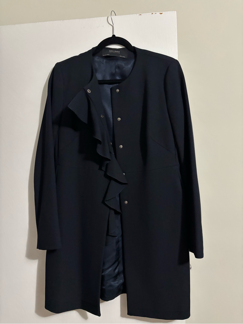 Zara Navy Ruffle-Front Trench Coat